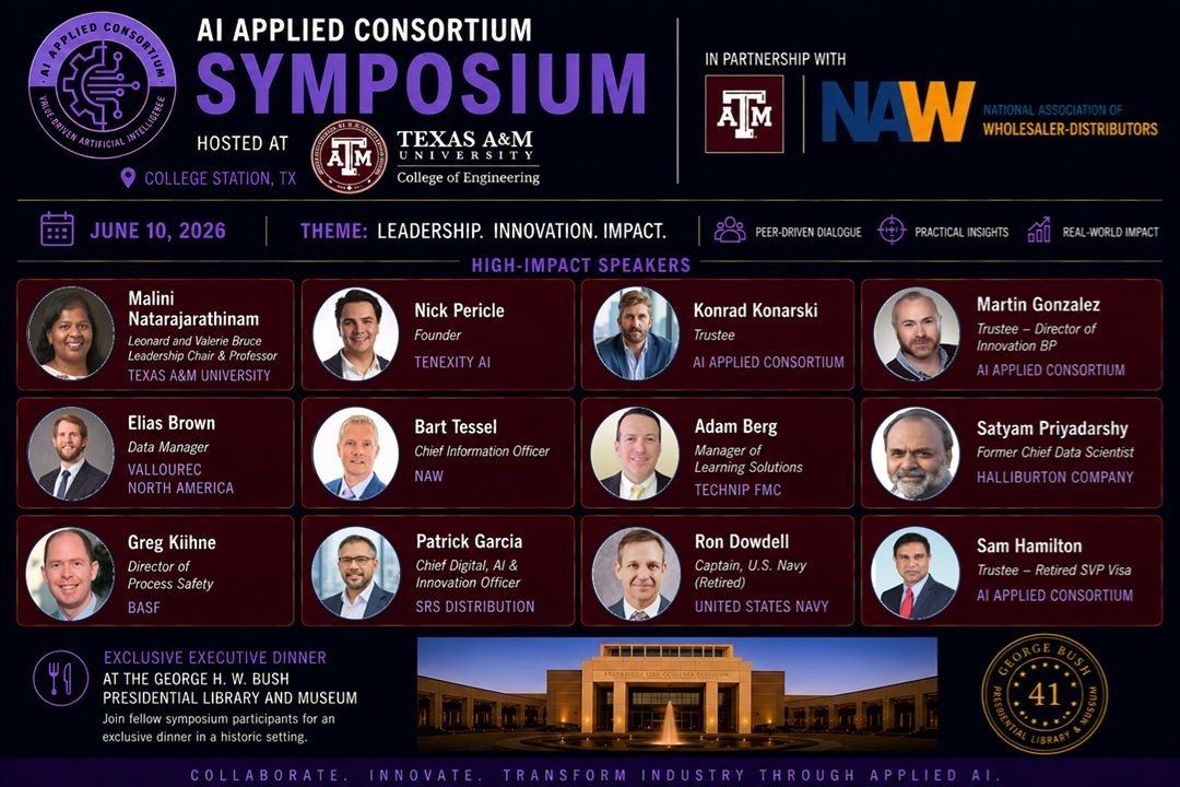 Applied AI Symposium 2026 programme card, hosted at Texas A&amp;M University in partnership with NAW
